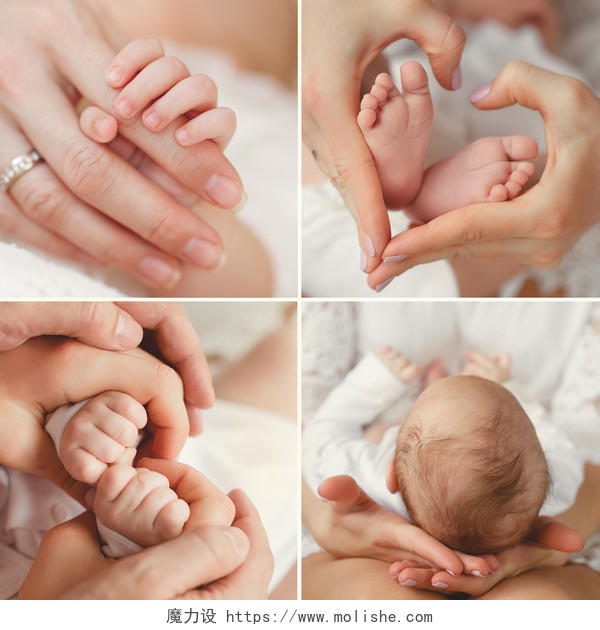 婴儿手和脚拼贴的特写妈妈抱着孩子宝宝的脚拼贴新生儿足疗按摩脚部